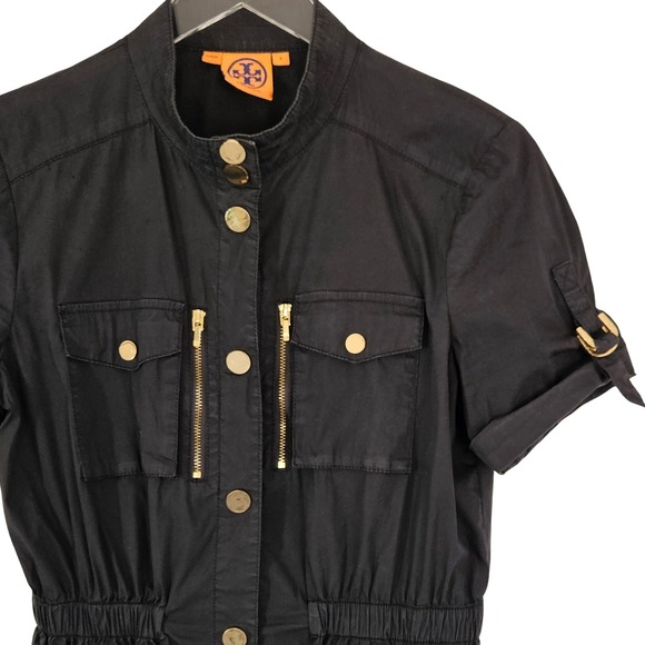 Tory Burch Black Utility Shirt Dress Gold Logo Hardware Cotton Blend Size 8 - Picture 3 of 12